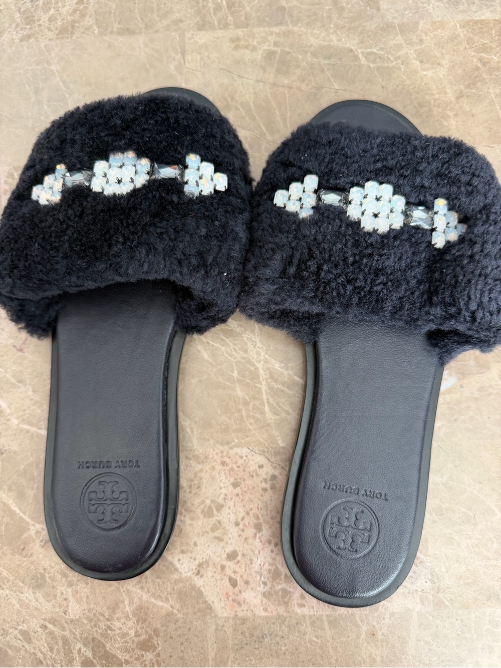 Tory Burch Black Faux Fur Slide Sandals with Crystal Embellishment (No Box)
